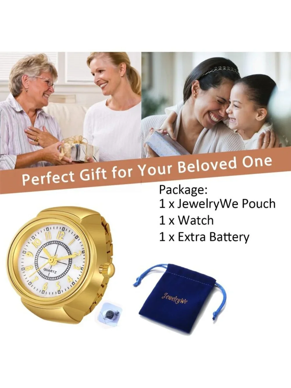 Women's Gold Scale Quartz Stretchy Band Elastic Simple Dial Finger Ring Watch